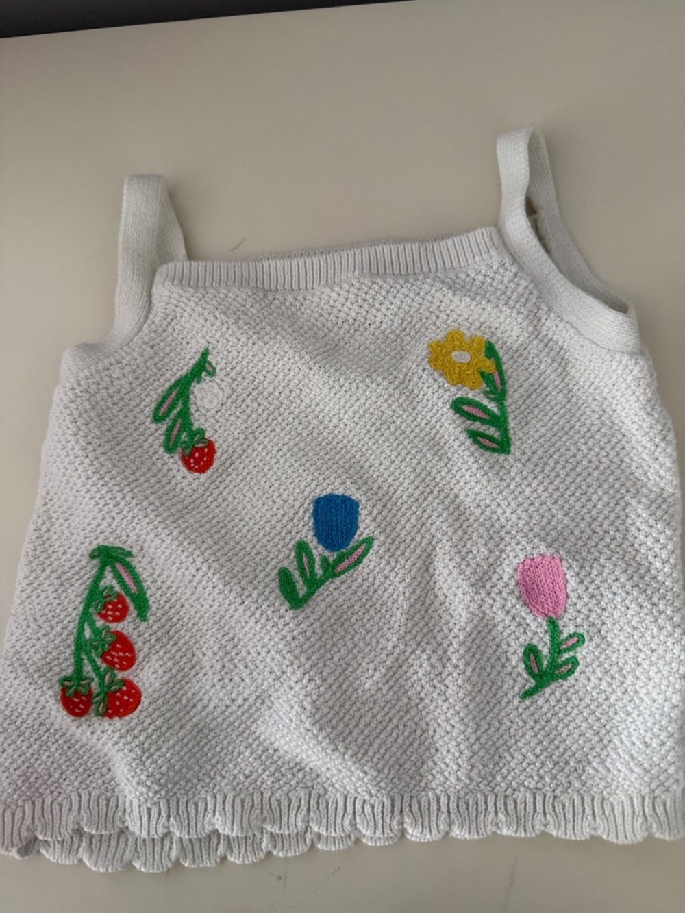 White Knit Tank Top with Red, Blue, Pink & Yellow Embroidery